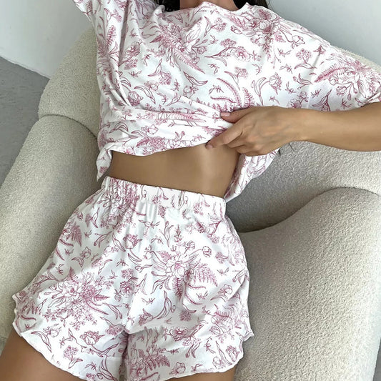 Autumn Casual Home Wear round Neck Short Sleeve Ruffled Shorts Two Piece Knitted Printed Pajamas for Women - Iyanka
