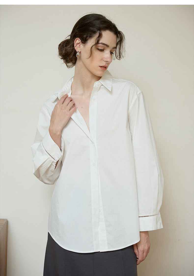 Women’s Autumn/Winter Cotton Long Sleeve Collared Shirt – Hollow Out Design