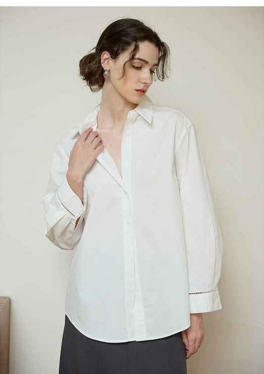 Women’s Autumn/Winter Cotton Long Sleeve Collared Shirt – Hollow Out Design