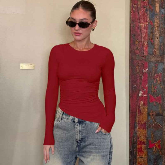 Women’s Summer Slim Fit Crew Neck Long Sleeve Beveled Top