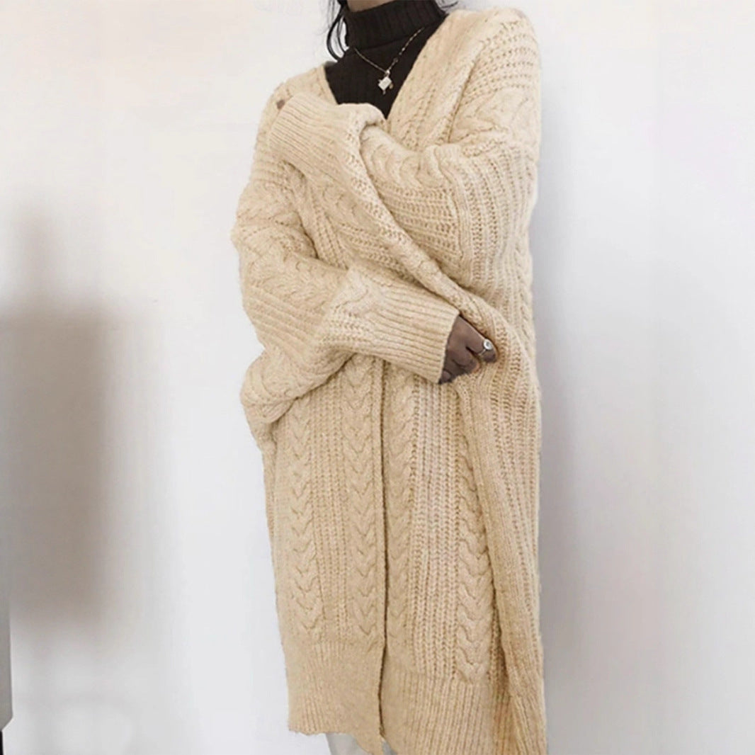 Autumn Winter Mid Length Knitted Cardigan Retro Thick Loose Cable Knit Sweater Coat for Women - Iyanka