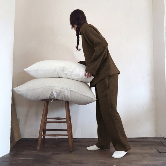Autumn Winter Homewear Suit Pure Cotton Double Layer Gauze Pajamas Long Sleeved Trousers Skin Friendly Comfortable Outerwear Women - Iyanka