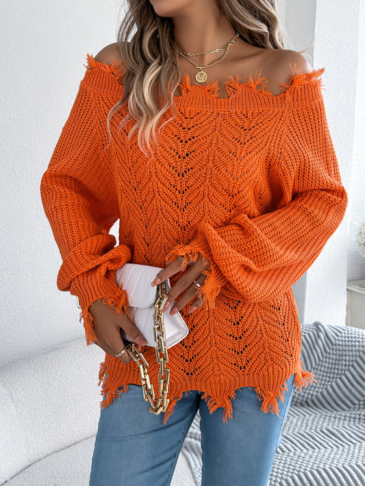 Autumn Winter Solid Color Hollow Out Cutout out Long Sleeve Cut off Shoulder Pullover Sweater Women Clothing - Iyanka
