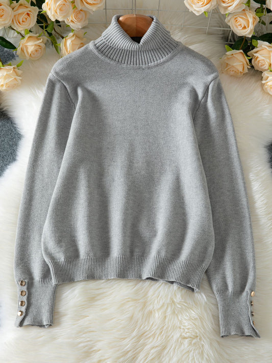 Women Elegant Fall Winter Lapels Knitwear Solid Color Buttons Pullover Sweater Top - Iyanka