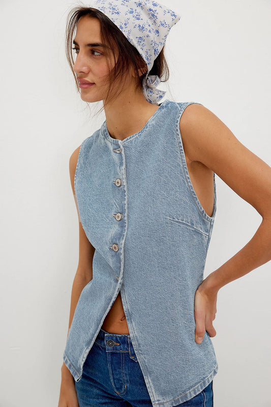 Casual Slim Fit Buttoned Women Clothing Denim Sleeveless Vest - Iyanka
