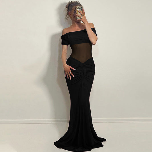 Mesh Stitching Maxi Dress Summer Sexy off Shoulder Pleated Slim Dress
