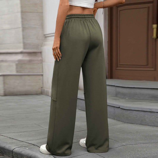 Autumn Winter Solid Color Elastic Waist Drawstring Pocket Wide Leg Pants Trousers for Women