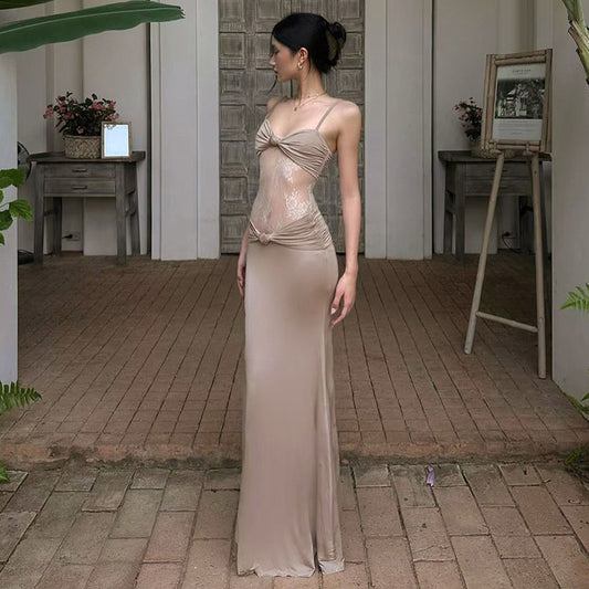 Women Clothing Sleeveless Backless Pleated Twist Slim Lace Stitching Maxi Dress