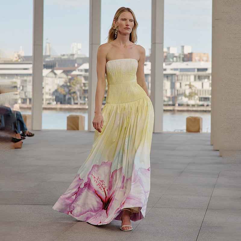 Pleated Slim Summer French Floral Strapless Dress