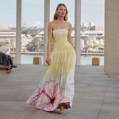 Pleated Slim Summer French Floral Strapless Dress