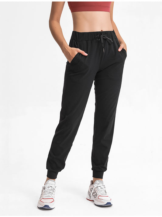 Spring Summer Elastic Lace-up Waist Yoga Pants Simple Straight Sports Casual Elastic Ankle-Tied Cropped Pants for Women - Iyanka