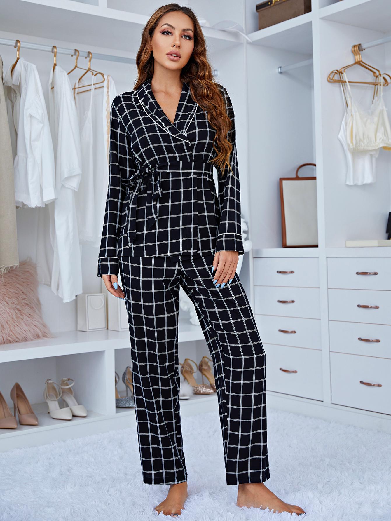 Pajamas Women Plaid Long Sleeve Deep V-neck Home Wear Can Be Twet Outfit outside - Iyanka