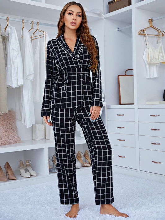 Pajamas Women Plaid Long Sleeve Deep V-neck Home Wear Can Be Twet Outfit outside - Iyanka