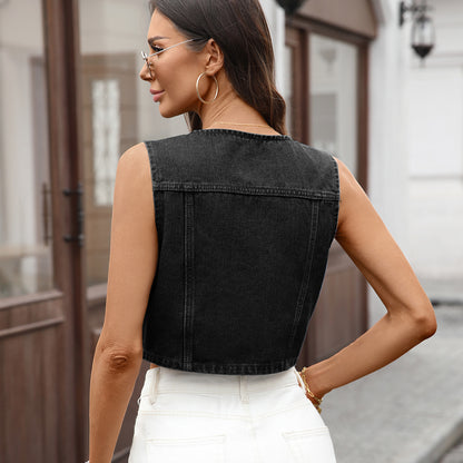 Women Clothing Washed Casual round Neck Pocket Denim Waistcoat Vest - Iyanka