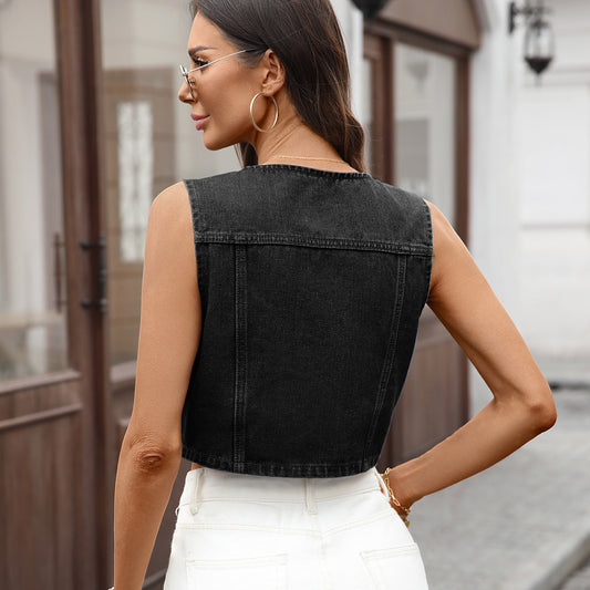 Women Clothing Washed Casual round Neck Pocket Denim Waistcoat Vest - Iyanka