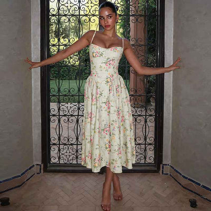 Summer Backless Dress for Women - French Printed Waist Trimming Slimming Design