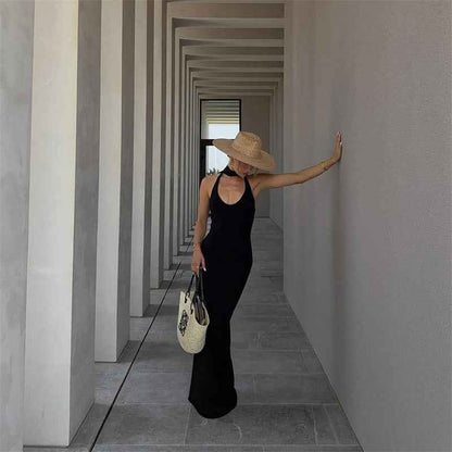 Women Clothing Summer Solid Color U Shaped Collar Sleeveless Halter Ribbon Backless Dress