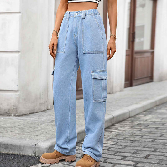Cargo Jeans Women Autumn Winter Multi Pocket Denim Wide Leg