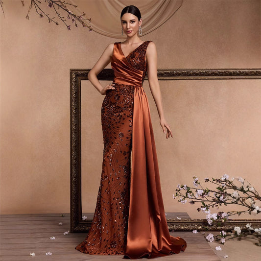 Elegant Sequin Stitching Fit V neck Sleeveless Elegant Gorgeous Noble Cocktail Party Formal Dinner Dress - Iyanka