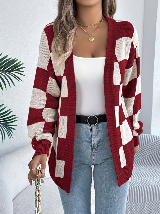 Autumn Winter Contrast Color Plaid Lantern Sleeve Cardigan Sweater Mid Length Coat Women Clothing - Iyanka