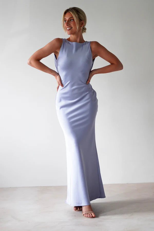 Summer Solid Color Slim Fit Elegant Sleeveless Retro Crew Neck A line Lace up Dress