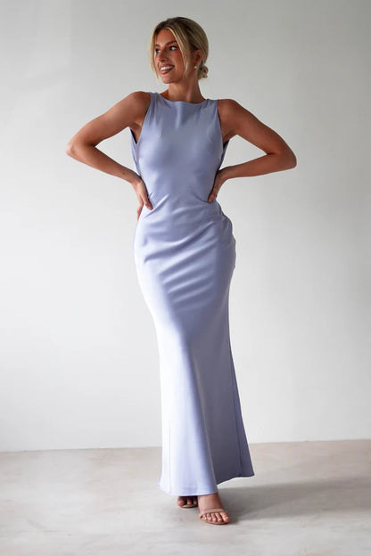 Summer Solid Color Slim Fit Elegant Sleeveless Retro Crew Neck A line Lace up Dress