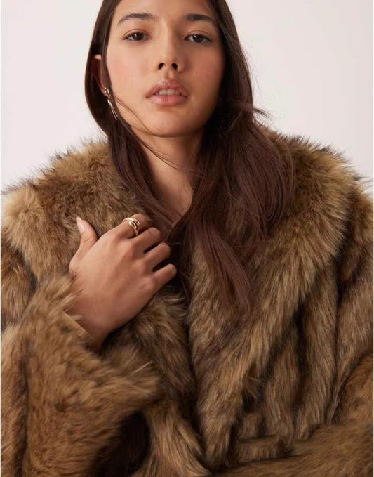 Women Fur Coat Imitation Raccoon Fur Mid Length Coat Faux Fur Long Sleeve Winter Warm Tops - Iyanka