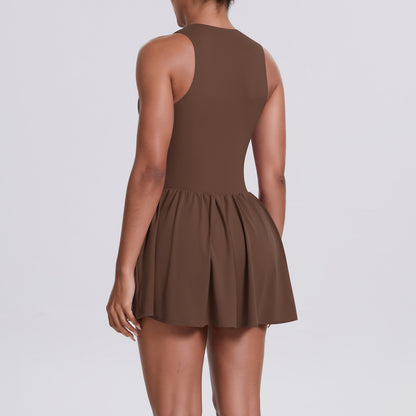 Cloud Sense Faux Two Pieces Zipped Stand Collar Dress Outdoor Running Anti Exposure Pocket Leggings Tennis Dress Women - Iyanka