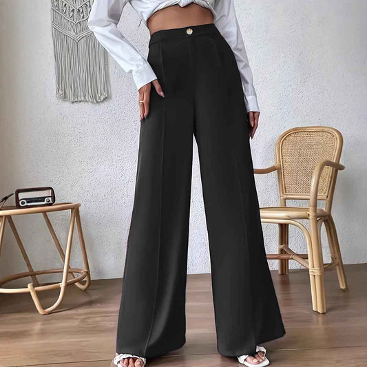 Solid Color Wide Leg Pull-Button Work Pants