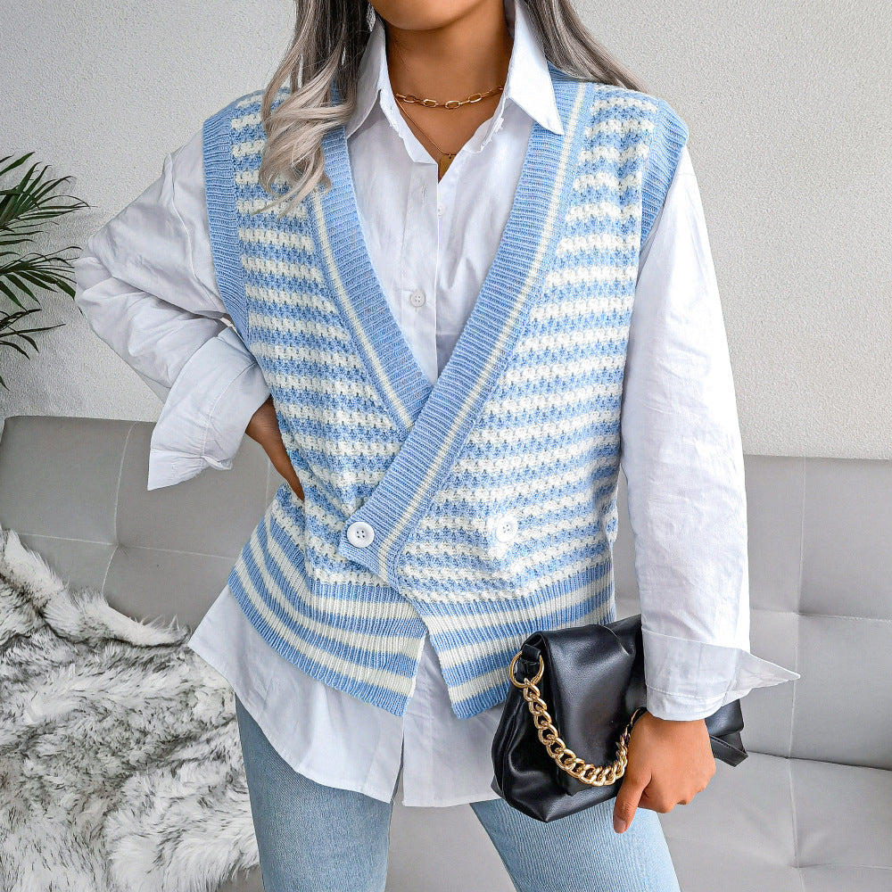 Stripe College Knitted Vest Sweater Women Clothing - Iyanka