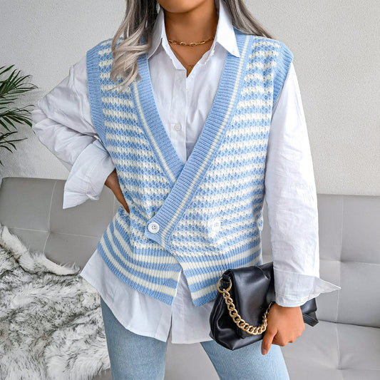 Stripe College Knitted Vest Sweater Women Clothing - Iyanka