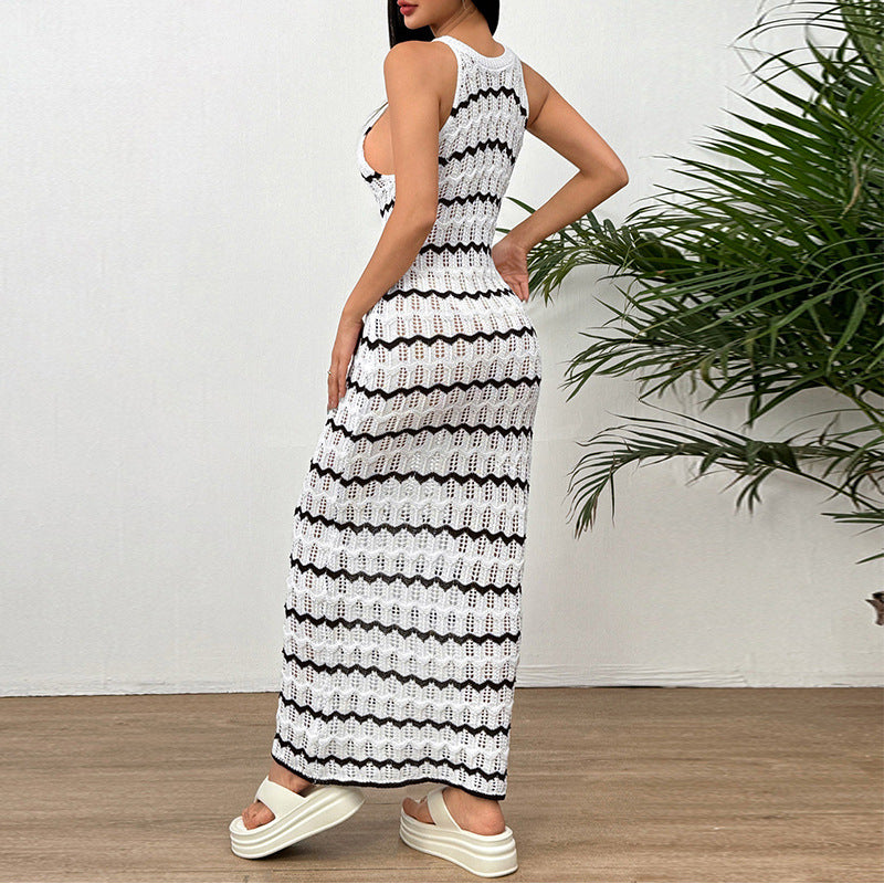 Women Clothing Sexy Sleeveless Hollow Out Cutout Striped Dress Beach Cover up - Iyanka