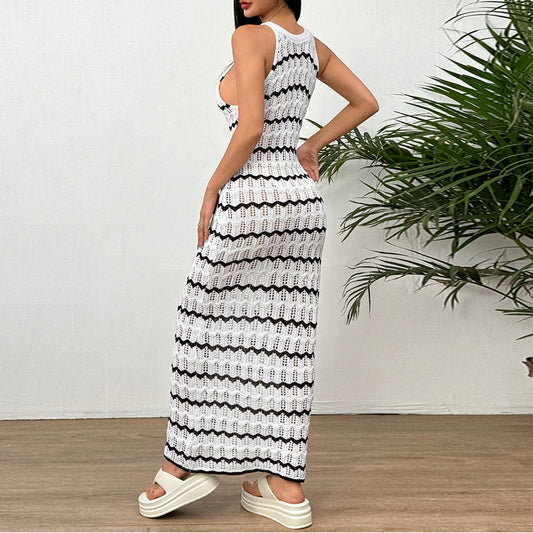 Women Clothing Sexy Sleeveless Hollow Out Cutout Striped Dress Beach Cover up - Iyanka
