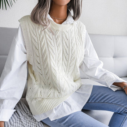 Autumn Winter round Neck Hollow Out Cutout Leaves Casual Knitted Vest Sweater Women Clothing - Iyanka