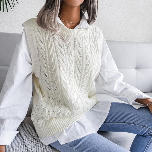 Autumn Winter round Neck Hollow Out Cutout Leaves Casual Knitted Vest Sweater Women Clothing - Iyanka