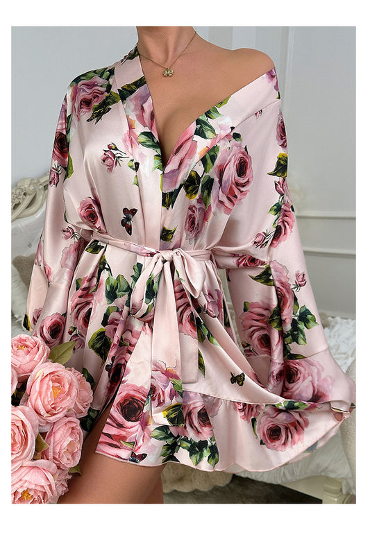 Sexy Underwear Ruffled Emulation Silk Nightgown Cardigan Bathrobe Home Wear Pajamas Women - Iyanka