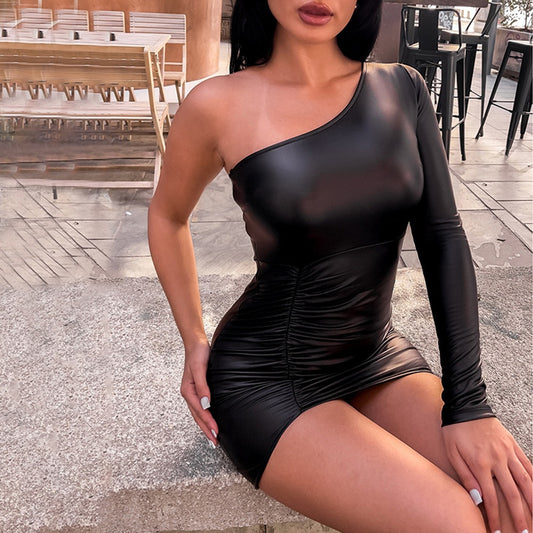 Women Clothing Sexy Oblique Shoulder Single Sleeve Ruffle Hip Dress Faux Leather Nightclub Dress - Iyanka