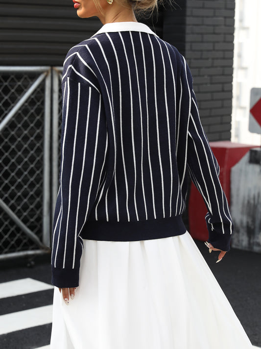 Autumn College Casual Street Trendy Polo Collar Stripes Women Sweater - Iyanka