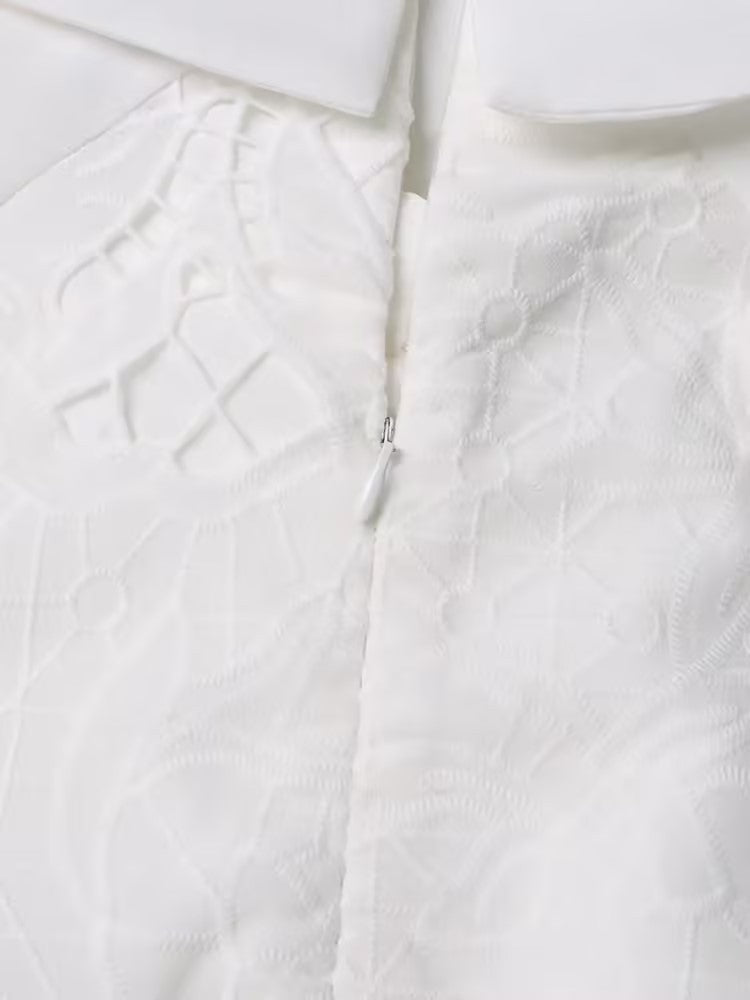 Retro Autumn Polo Collar Long Lantern Sleeve Mid Length with Embroidery Hollow Out Cutout out Solid Color Dress for Women