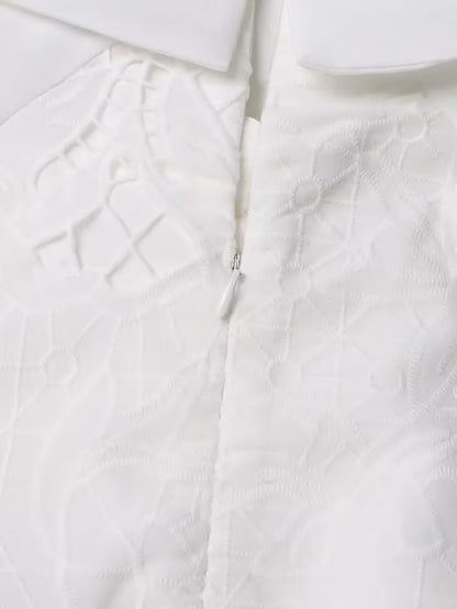 Retro Autumn Polo Collar Long Lantern Sleeve Mid Length with Embroidery Hollow Out Cutout out Solid Color Dress for Women