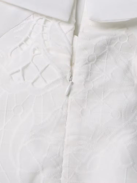 Retro Autumn Polo Collar Long Lantern Sleeve Mid Length with Embroidery Hollow Out Cutout out Solid Color Dress for Women