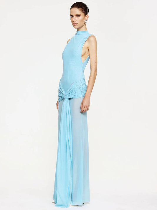 Women Clothing Solid Color Sleeveless Stand up Collar Slim Fit Embellished Pleated A line Maxi Dress