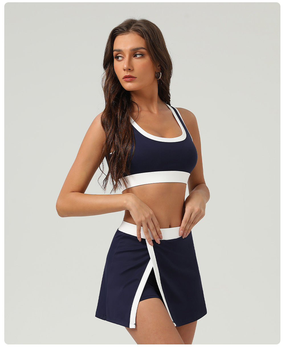 Contrast Color Sports Bra Tennis Skirt Set Women Quick Drying Anti Emptied Pantskirt Sports Set - Iyanka