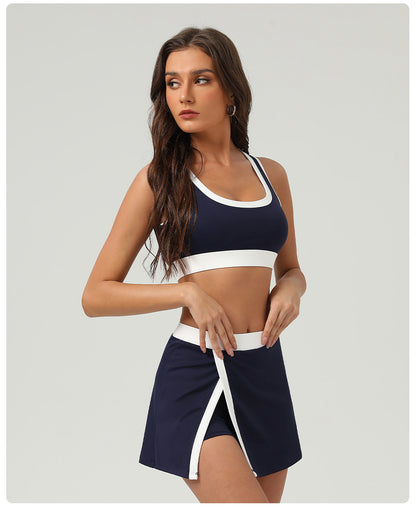 Contrast Color Sports Bra Tennis Skirt Set Women Quick Drying Anti Emptied Pantskirt Sports Set - Iyanka