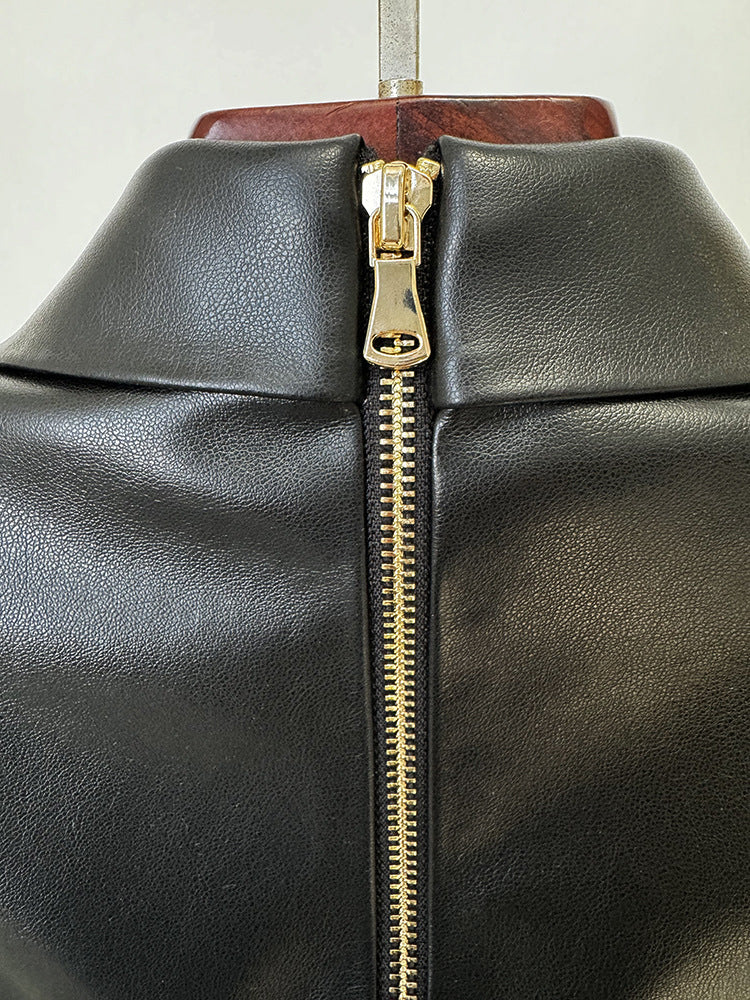 Women Slim Hip Double Breasted Faux Leather Dress - Iyanka
