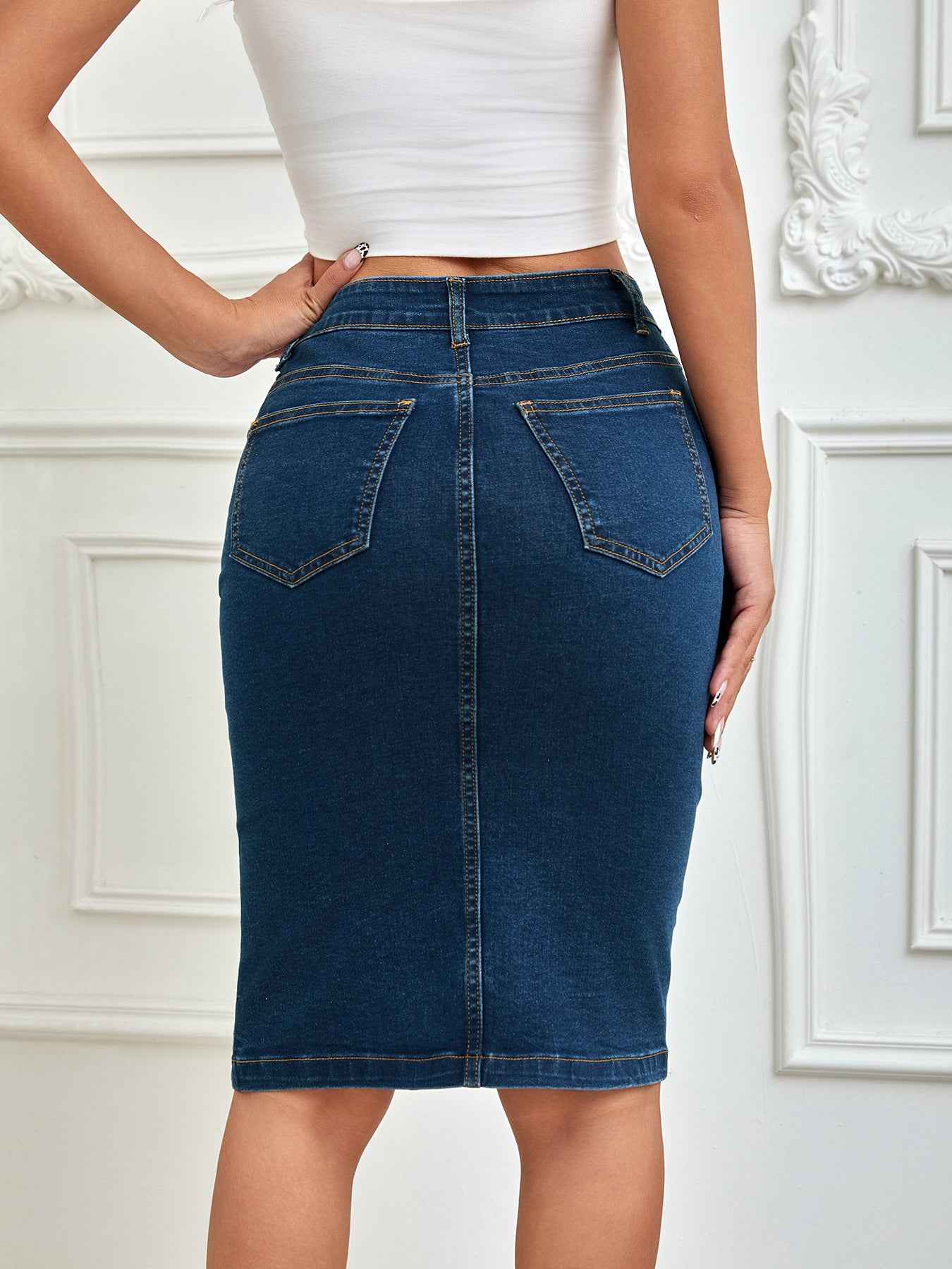 Ladies One Piece Front Row Buttons Multi Buckle Sheath Pencil Skirt Stretch Denim Midi Skirt