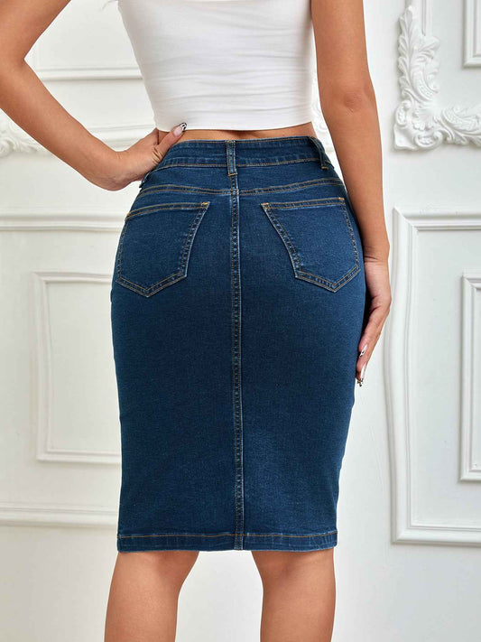 Ladies One Piece Front Row Buttons Multi Buckle Sheath Pencil Skirt Stretch Denim Midi Skirt