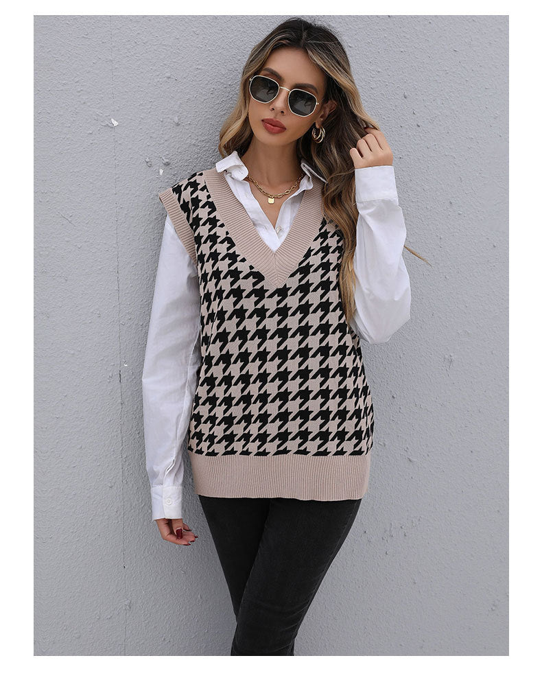 Early Autumn Women Wear Mid Length Houndstooth Sweater Vest for Women - Iyanka