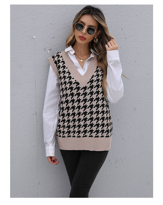 Early Autumn Women Wear Mid Length Houndstooth Sweater Vest for Women - Iyanka