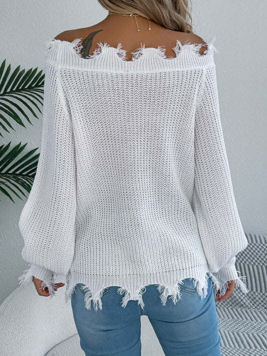 Autumn Winter Solid Color Hollow Out Cutout out Long Sleeve Cut off Shoulder Pullover Sweater Women Clothing - Iyanka